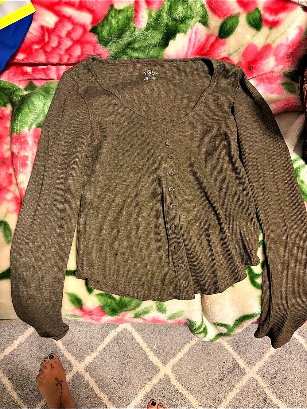 American Eagle Waffle Knit Button Front Top Brown